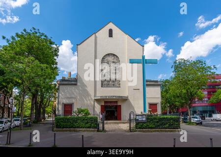 Exterior view of the Saint-Gabriel church of Paris, a Catholic church located on rue des Pyrénées, in the 20th arrondissement of Paris, France Stock Photo