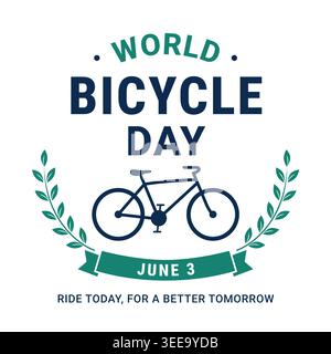 Minimal flat vector badge for World Bicycle Day with bicycle icon, laurel wreath, and sustainable mobility concept Stock Vector