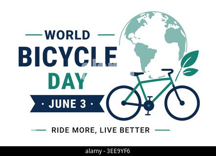 Minimal flat vector poster for World Bicycle Day with globe illustration, bicycle icon, and eco lifestyle message Stock Vector