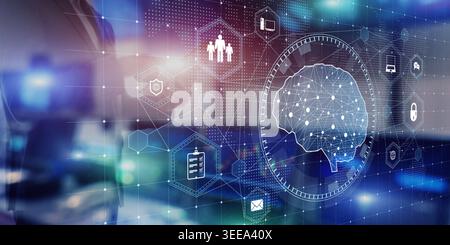 Artificial Intelligence Brain Visualization with Business Data Security Concept. Stock Photo