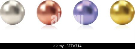 Shiny metallic sphere set featuring realistic golden silver and purple 3d glowing bubbles for modern decorative graphic designs Stock Vector