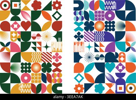 Vibrant abstract geometric shape pattern background collection modern retro style collage layout vector illustration. Stock Vector