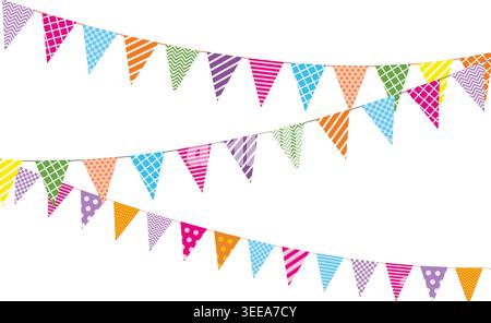 Colorful festive bunting flags banner with polka dots and stripes for birthday party celebration decoration vector illustration set Stock Vector