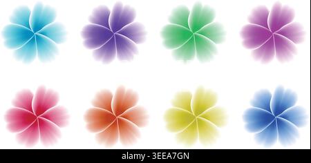Large collection of ten colorful glowing abstract flower elements with bright neon petals for modern design Stock Vector
