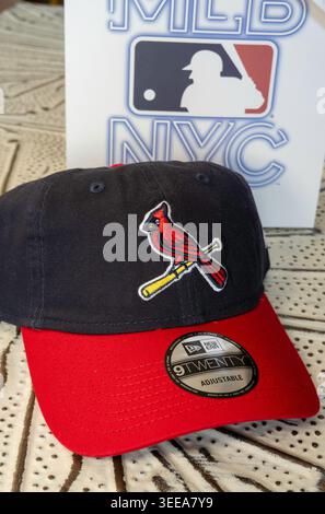 Close up of a St. Louis Cardinal logo hat purchased from the Major League Baseball store on Sixth Ave., 2026, New York City, USA Stock Photo