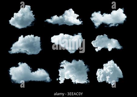 set of isolated white fluffy clouds on a pure black background. Realistic cumulus cloud textures, perfect for digital composting, sky replacement, and Stock Photo