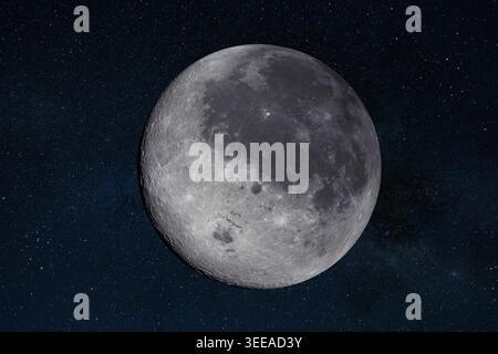 High-detail composite of the full moon isolated against a vibrant, starry night sky. The image showcases crisp lunar craters, surface textures, and "s Stock Photo