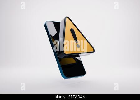 3D rendering of a modern smartphone with a floating yellow warning triangle and exclamation mark on a white background. Concept of digital security, s Stock Photo