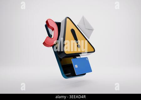 smartphone surrounded by a warning triangle, credit card, envelope, and phone icon. Concept of multi-channel cyber attacks, mobile fraud, phishing, an Stock Photo