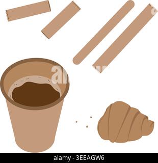 Paper cup with coffee and bitten croissant, stirring rod and sugar stick Sticker Icon Set elements. Isolated Vector illustration Coffee Thematic Related content Greeting, leaflet, post design elements Stock Vector