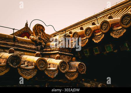 Close-up of traditional Chinese imperial roof with golden glazed tile ends and ornate ridge ornaments, Palace Museum (Forbidden City), Beijing, China. Stock Photo