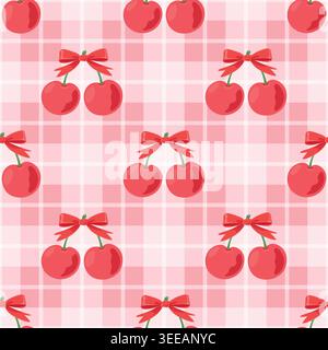 Cherry Seamless Pattern Vector Illustration. Cute Red Cherries With Bows on Pink Plaid Background. Sweet Fruit Repeat Print for Textile Packaging and Stock Vector