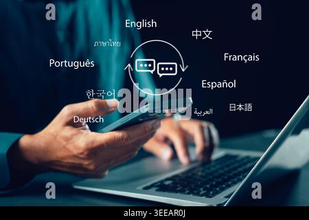Language translator app education concept person using translation, foreign language course and elearning on laptop and smartphone for global communic Stock Photo