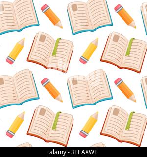 Seamless pattern with open books with pencils pattern, colorful study supplies repeating across white background, flat  Stock Vector