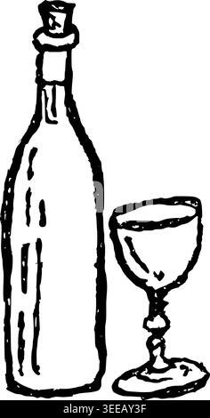 Hand Drawn Wine and Glass Vector Drawing Stock Vector