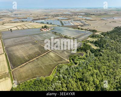 Aerial view of Parco Naturale del Bosco delle Sorti della Partecipanza with flooded rice fields and a traditional farmhouse in Trino, Piemonte, Italy. Stock Photo