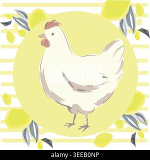White hen, cute minimalist farm animal vector illustration in soft pastel style. Stock Vector
