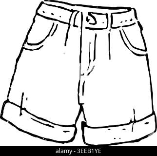 Hand Drawn 90s Denim Cutoff Shorts Vector Drawing Stock Vector