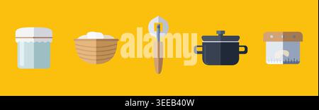 Vector illustration of various kitchenware, cooking and baking tools including a jar, wooden bowl, pastry wheel, cooking pot, and measuring container Stock Vector