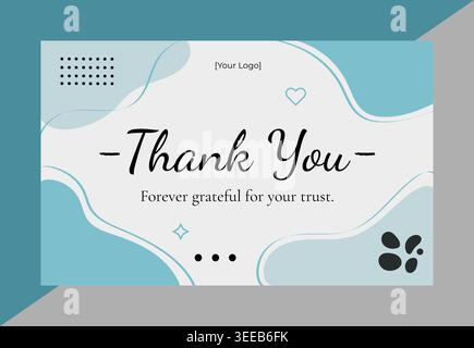 Modern liquid wave thank you card template. Fluid blue background design with custom logo placeholder and elegant script typography. Stock Vector