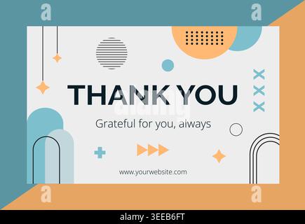 Geometric Memphis style thank you card template. Pastel blue and orange greeting card featuring abstract shapes and hanging stars decoration. Stock Vector