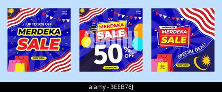 Malaysia Independence Day Merdeka sale social media banner set. Blue template featuring national flag Jalur Gemilang, balloons, and shopping bags. Stock Vector