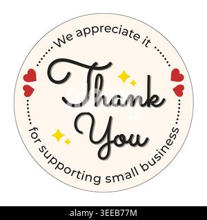 Minimalist round thank you sticker template. Cream circle badge with elegant dotted border, gold stars, red hearts, and cursive text. Stock Vector