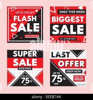 Modern red and black flash sale social media banner template set. Geometric square poster design for business promotion and online shopping. Stock Vector