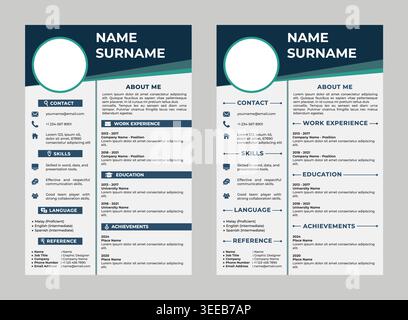 Professional CV and resume template set. Minimalist layout featuring dark blue and teal design accents, profile placeholder, and clean icons. Stock Vector