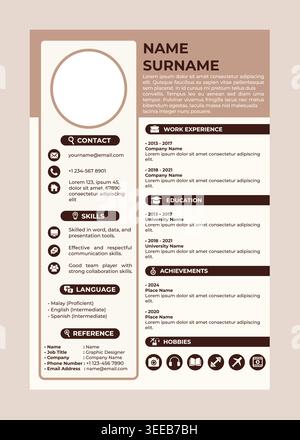 Professional CV and resume template set. Minimalist layout featuring elegant brown and cream design accents, profile placeholder, and clean icons. Stock Vector