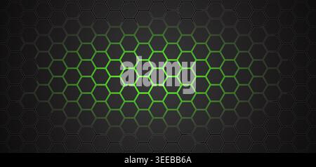 Green Glowing Hexagonal Grid Abstract Geometric Background. Honeycomb Polygons Dark Futuristic Wallpaper, Vector Illustration Stock Vector