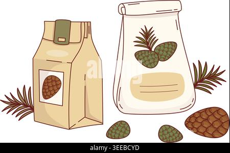Pine Cone Tea Packaging. Forest Harvest Eco Gifts. Dry Ingredient, Organic Herbal Drink In Craft Paper Bags and Young Green, Brown Cones. Isolated Vec Stock Vector