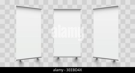 Blank roll up banner display mockups for advertising on transparent background. Vector illustration. Stock Vector