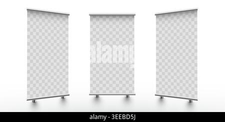 Blank roll up banner stand mockups set. Empty display template for your exhibition design. Vector illustration Stock Vector