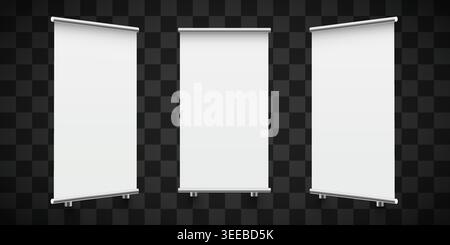 Blank roll-up banner stands for advertising, branding, and marketing presentation. Vector illustration. Stock Vector