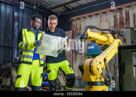 Adult African and Caucasian technicians analyze technical drawings and tablet data in a factory for engineering, Industry 4.0, and collaborative manuf Stock Photo