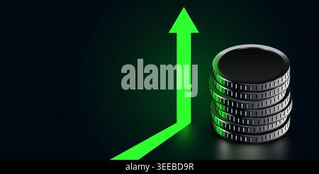Rising green arrow and a stack of coins representing financial growth. Concept for investment. Vector illustration Stock Vector