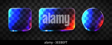 Set of modern glossy glass buttons with vibrant glowing light effects. Transparent UI design. Vector illustration Stock Vector