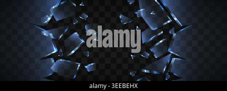 Shattered blue glass pieces on a dark transparent background. Abstract geometric explosion Vector illustration Stock Vector