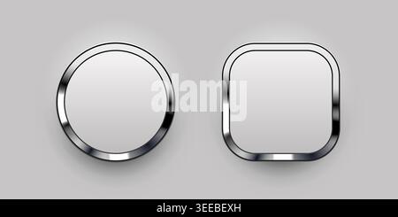 Metallic user interface buttons and frames set. Glossy chrome design elements for web and mobile. Vector illustration Stock Vector