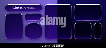 Glassmorphism UI elements frames and buttons collection. Modern digital interface panel design. Vector illustration Stock Vector