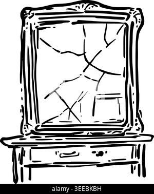Hand Drawn Cracked Mirror Vector Line Art Stock Vector