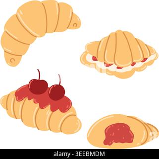 Set of hand drawn croissants, sweet pastry elements with chocolate, strawberry, cherry Stock Vector