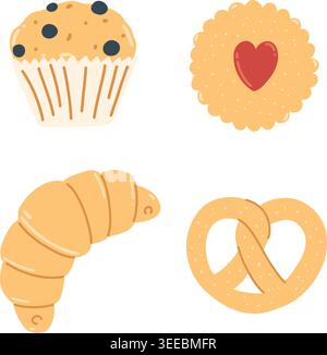 Sweet pastry as cupcake, croissant, pretzel, cookie. Hand drawn flat elements Stock Vector