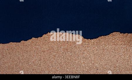 Modern layered abstract banner featuring cork texture and black paper with minimalist contrast and copy space. Stock Photo
