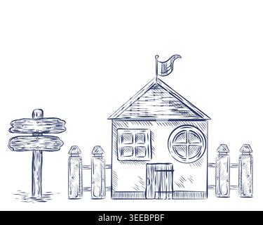 An illustration of a sea house with a wooden signpost and a picket fence. Everything is hand-drawn in ink. Illustration of a cottage for travel and Stock Vector