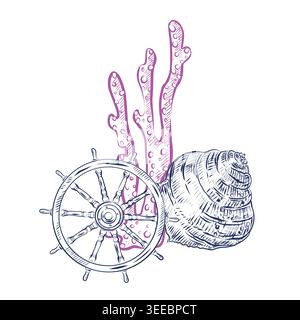 A vector illustration with a nautical theme. A ship's wheel, a shell, and coral. All hand-drawn with ink. Suitable for summer-themed designs and Stock Vector