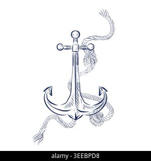 An anchor with a sea rope. Vector composition hand-drawn in ink. A classic marine symbol for marine decoration, travel decoration, postcards and Stock Vector