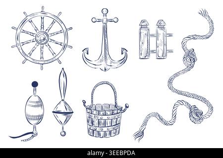 A set of hand-drawn illustrations on a marine theme. Steering wheel, anchor, fence, bucket, floats and rope with knots. Elements of marine design for Stock Vector