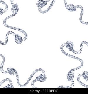 A vector frame with a marine theme made of intertwined ropes with sea knots. All objects are hand-drawn in ink. Design of a frame for a marine Stock Vector